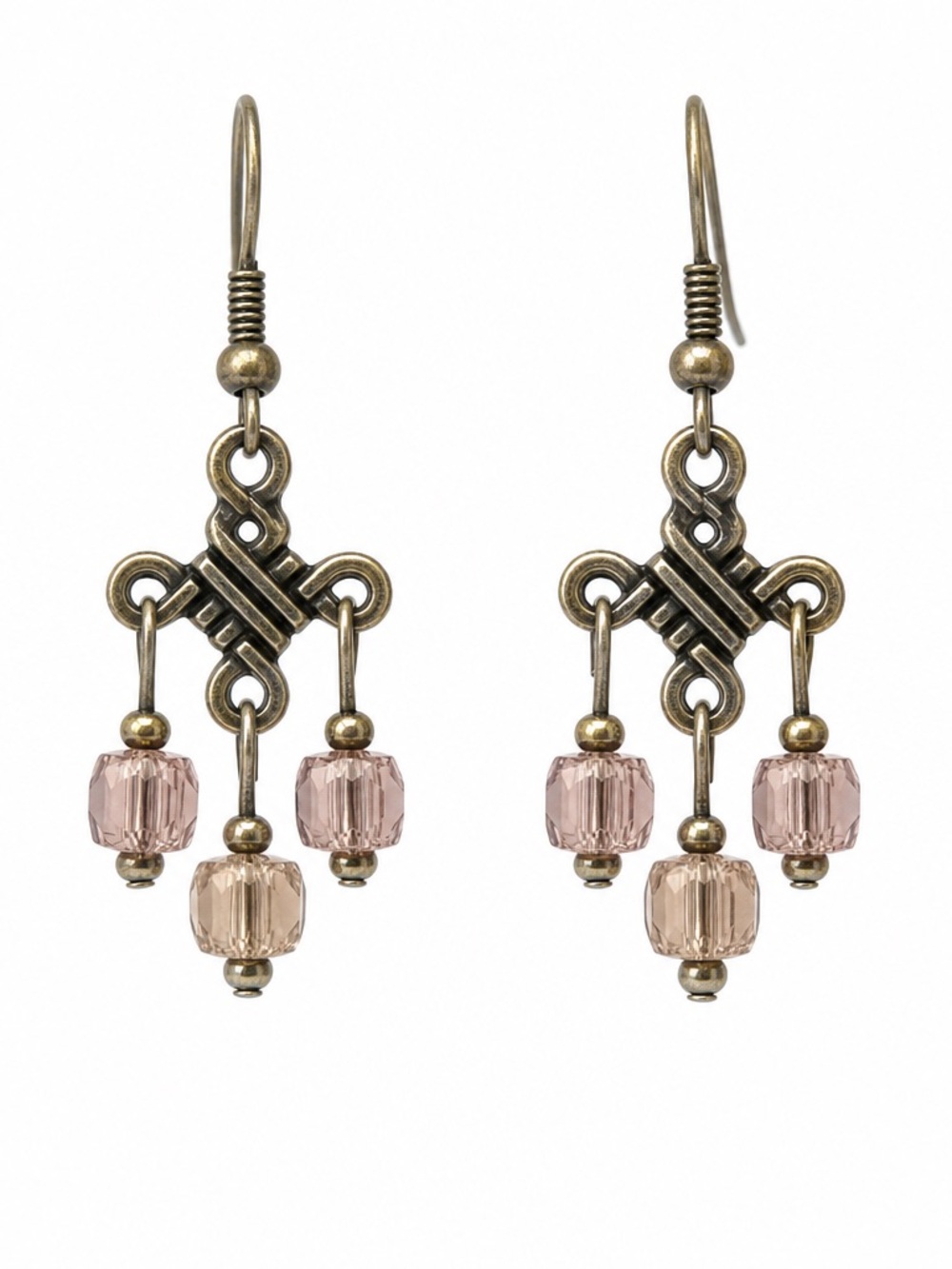 Celtic Knot and Light Pink Crystal Cube Bead Chandelier Earrings